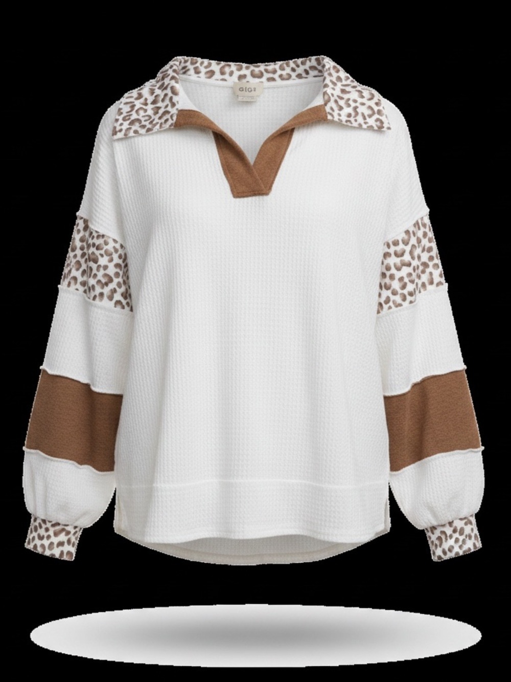Bibi NWOT Sample waffle knit long sleeve top with leopard print oversized Large